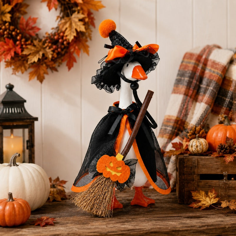 Witch Goose Dress-Up Set 4 Piece – 7-Inch Halloween Goose Statue Costume with Black Mesh Cape, Hat, Lining & Pumpkin Broom | Tabletop Goose Decor Outfit for Indoor & Porch Decoration
