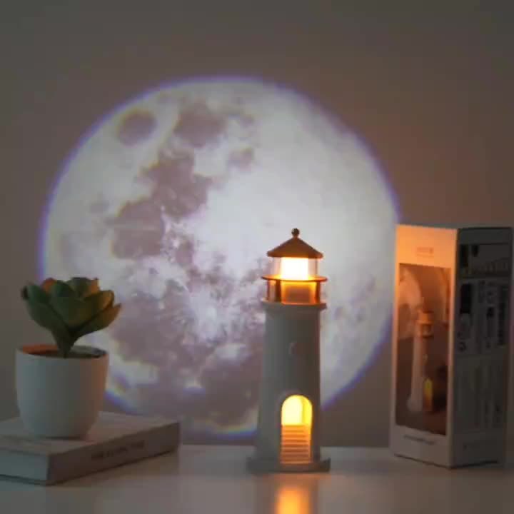Moon Lighthouse Night Light with Projector & Motion Sensor, USB Rechargeable or Plug-In Moonlight Lamp with Auto-On Body Sensor, Decorative Bedroom Night Light & Unique Home Decor Gift