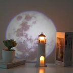 Moon Lighthouse Night Light with Projector & Motion Sensor, USB Rechargeable or Plug-In Moonlight Lamp with Auto-On Body Sensor, Decorative Bedroom Night Light & Unique Home Decor Gift