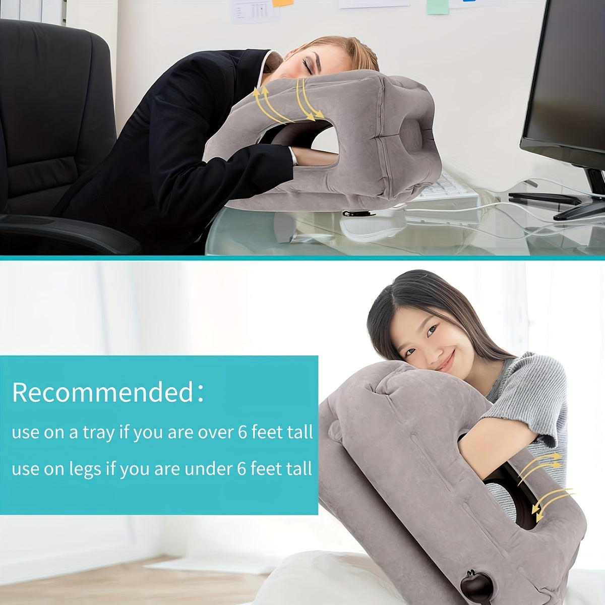 Inflatable Travel Neck Pillow with Patented Valve – Adjustable Firmness Ergonomic Air Pillow for Flights Cars Trains Office Napping, Lightweight Compact, Grey & Black