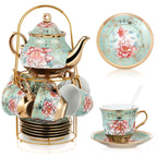 20 Piece Ceramic Tea Set Floral Design – European Afternoon Tea Service with Teapot, Cups, Saucers & Metal Stand – Blooming Style, Gift for Tea Lovers