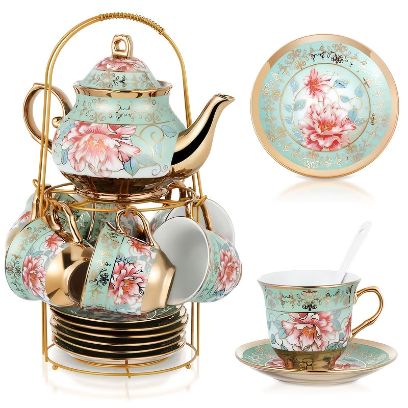 20 Piece Ceramic Tea Set Floral Design – European Afternoon Tea Service with Teapot, Cups, Saucers & Metal Stand – Blooming Style, Gift for Tea Lovers