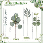 Artificial Eucalyptus Stems Bulk 50/100pcs – Mixed Silver Dollar Eucalyptus Leaf Picks for Bouquets, Flower Arrangements & Home Decor – Faux Greenery Stems for Vases & Wreaths
