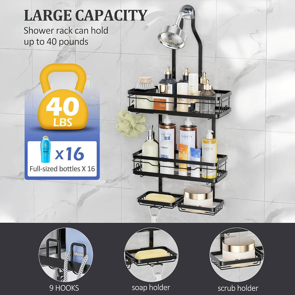 Hanging Shower Rack 5-Piece Set with Soap Holder, Towel & Bathrobe Hook | No-Drill Rust-Proof Adjustable Shower Caddy for Bathroom Storage