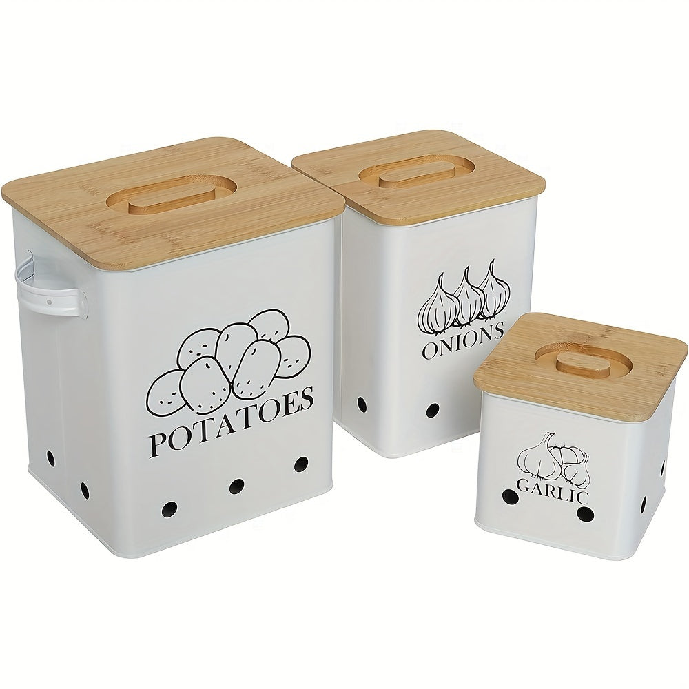 Kitchen Canister Set 3-Pack - Potato Onion Garlic Storage Bins with Wooden Lid, Countertop Vegetable Keeper Containers for Kitchen Organization, Black White & Green
