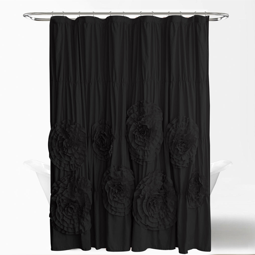 Ruffled Shower Curtain Farmhouse 72x72 - Handmade 3D Flower Vintage Ruched Fabric Bathroom Curtain, Victorian Romantic Luxury Decor, Black Pink Camel, Waterproof Microfiber 12 Holes