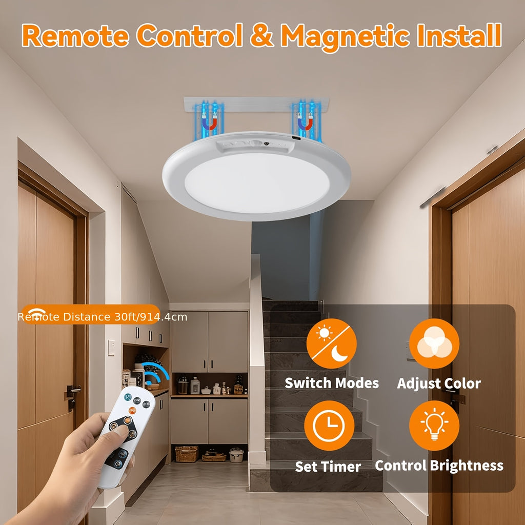 Wireless Rechargeable Ceiling Light Magnetic No Wiring Required Remote Dimmable 3 Color Temperatures Timer for Wardrobe Bathroom Corridor Closet