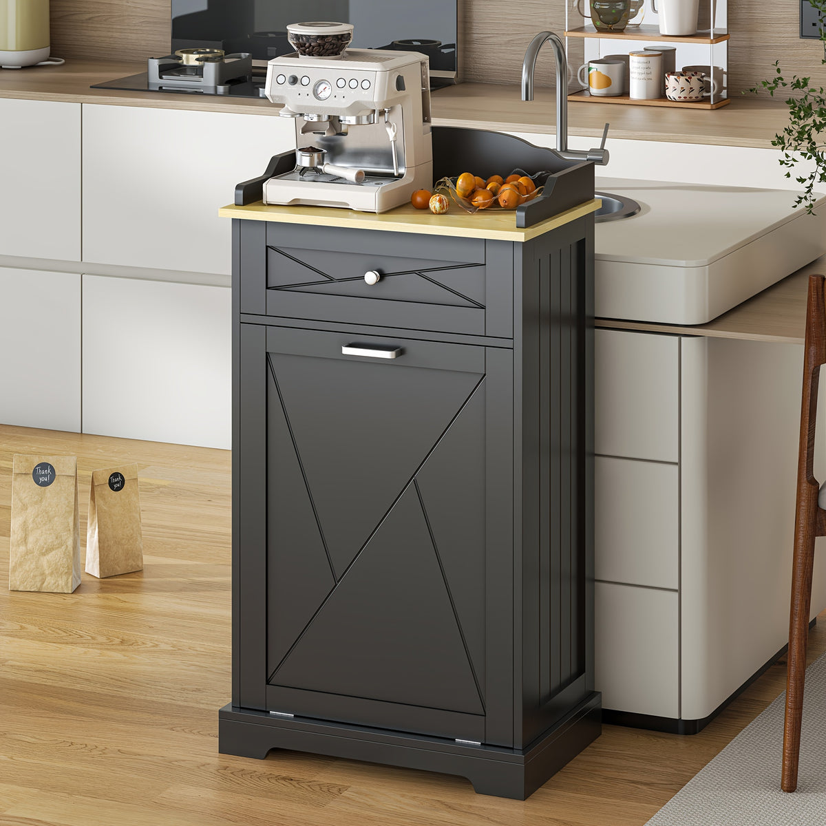 Tilt-Out Trash Can Cabinet 12 Gallon – Hidden Trash Cabinet with Drawers for Kitchen, Pantry & Laundry Room, Freestanding Kitchen Island Storage