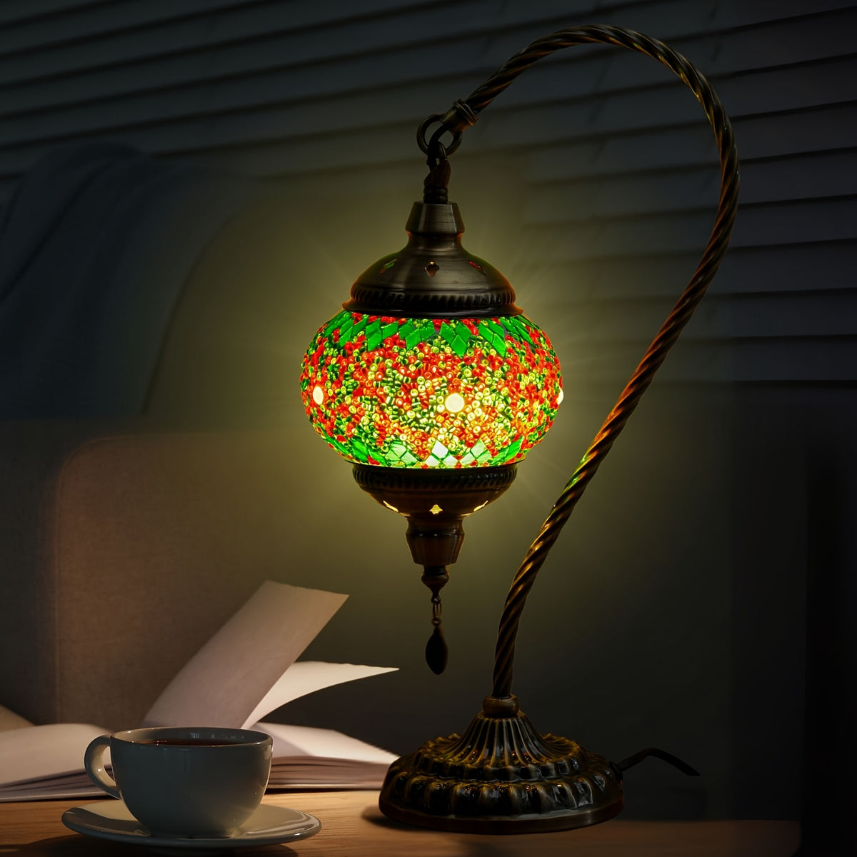 Turkish Mosaic Table Lamp Moroccan Style Handmade Swan Neck Mosaic Glass Bedside Lamp with Metal Base - 3 Color Modes Dimmable LED Bulb Included - Bedroom Living Room Decor Gift