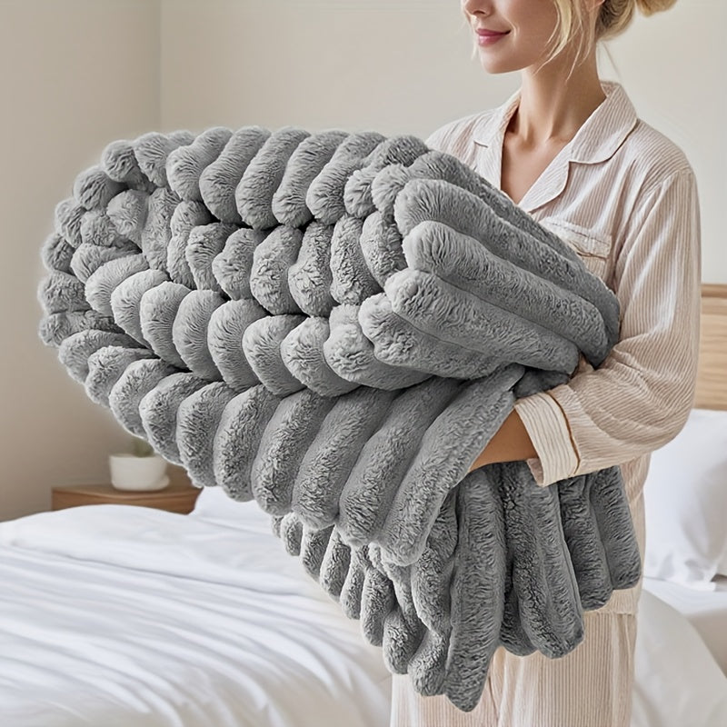Luxury Faux Rabbit Hair Blanket – Soft Warm Wide Stripe Double-Sided Throw | Machine Washable | Twin, Full, Queen & King | Khaki, Cream, Gray, Black
