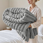 Luxury Faux Rabbit Hair Blanket – Soft Warm Wide Stripe Double-Sided Throw | Machine Washable | Twin, Full, Queen & King | Khaki, Cream, Gray, Black