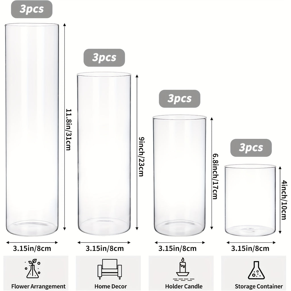 TOMNK Bulk Clear Cylinder Glass Vases 12/20/24pcs in 4-5 Sizes – Tall Boho Flower Vase Set for Wedding Centerpieces, Rustic Home Decor, Formal Dinners, Parties & Hurricane Floating Candle Holders