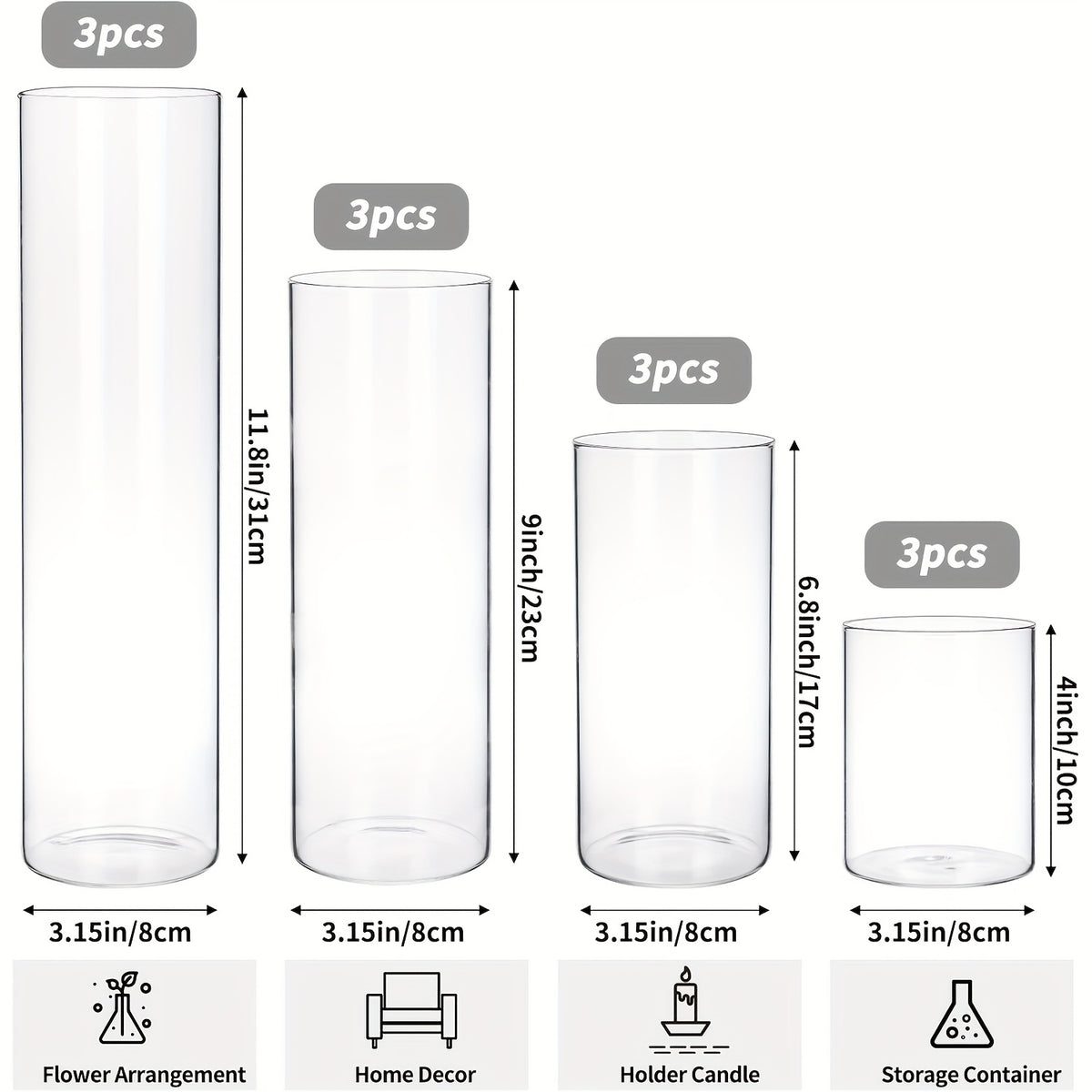 TOMNK Bulk Clear Cylinder Glass Vases 12/20/24pcs in 4-5 Sizes – Tall Boho Flower Vase Set for Wedding Centerpieces, Rustic Home Decor, Formal Dinners, Parties & Hurricane Floating Candle Holders