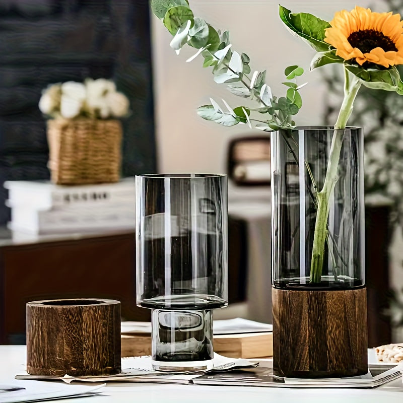 Wooden Glass Vases Set of 2 – 10 Inch Tall Cylindrical Boho Rustic Vases with Wood Base for Fireplace Mantel, Living Room Centerpiece, Bedroom, Kitchen & Desk Decor