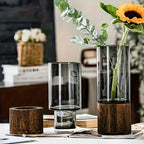 Wooden Glass Vases Set of 2 – 10 Inch Tall Cylindrical Boho Rustic Vases with Wood Base for Fireplace Mantel, Living Room Centerpiece, Bedroom, Kitchen & Desk Decor