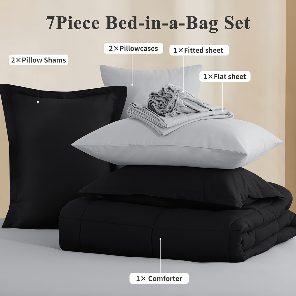 Bed in a Bag Queen 7 Piece Fluffy Comforter Set – Ultra-Soft Microfiber Bedding with Comforter, Fitted Sheet, Flat Sheet & 4 Pillowcases, Hypoallergenic Breathable All Season Bedding Gift for Her