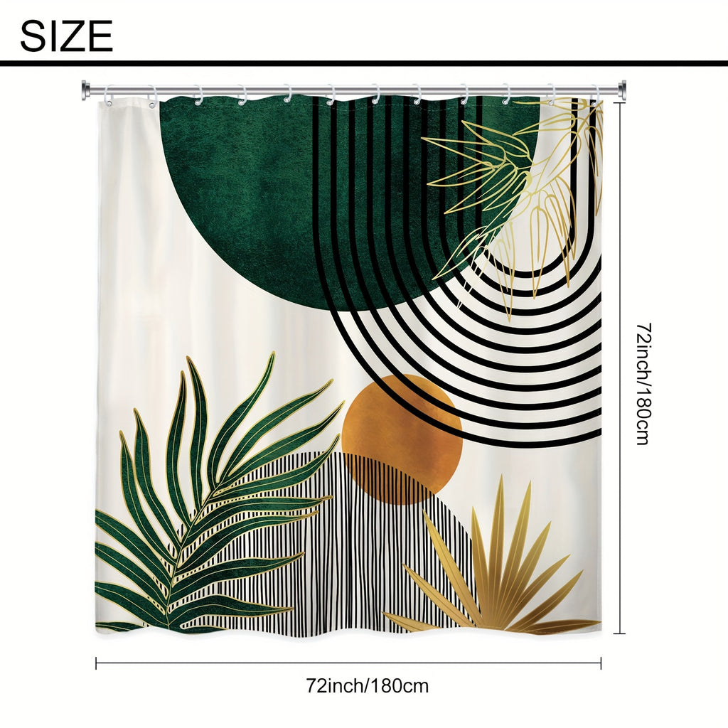Bohemian Abstract Shower Curtain 72”×72” – Moon Phase Leaf Geometric Watercolor Bathroom Curtain | Boho Mid-Century Aesthetic Shower Decor in Blue & Green