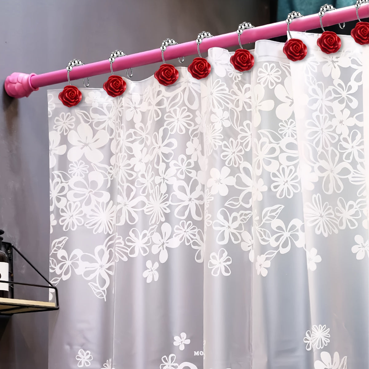 Rose Decorative Shower Curtain Hooks 12pcs – Stainless Steel Acrylic Rhinestones Double Hook for Dual Curtains | Elegant Bathroom Decor & Mother's Day Gift