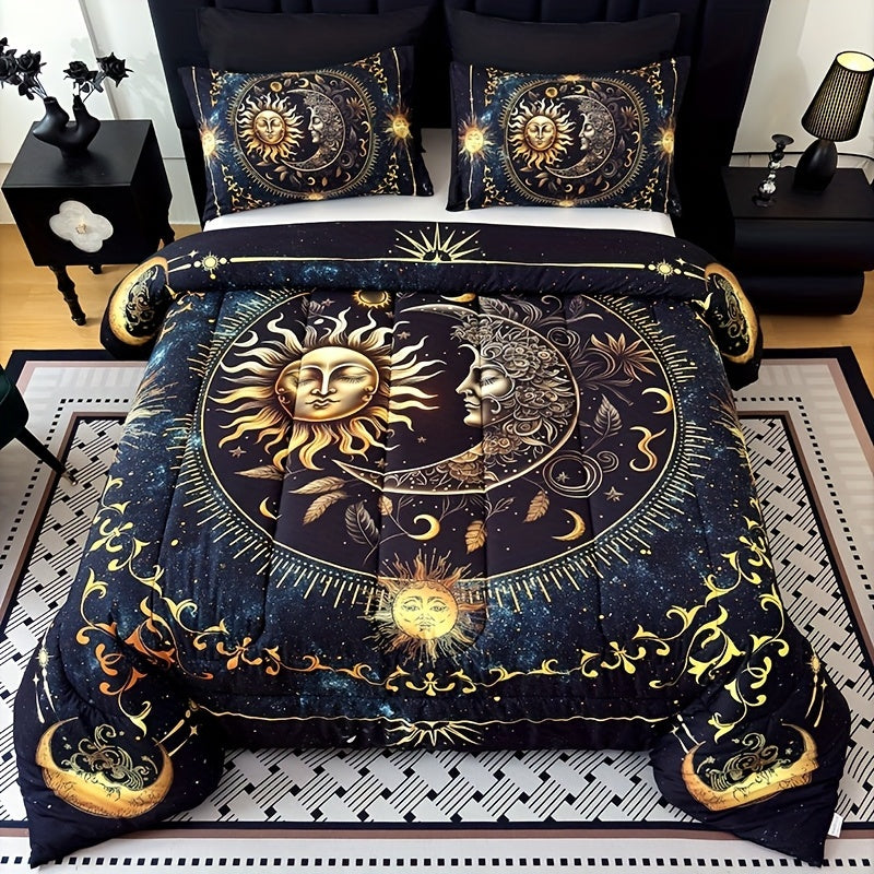Sun Moon Planet Quilt Set 3 Piece – Golden Celestial Digital Print 180GSM Comforter with 2 Pillowcases, Soft Breathable Bedroom Dorm Decor Bedding King Size
