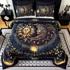 Sun Moon Planet Quilt Set 3 Piece – Golden Celestial Digital Print 180GSM Comforter with 2 Pillowcases, Soft Breathable Bedroom Dorm Decor Bedding King Size