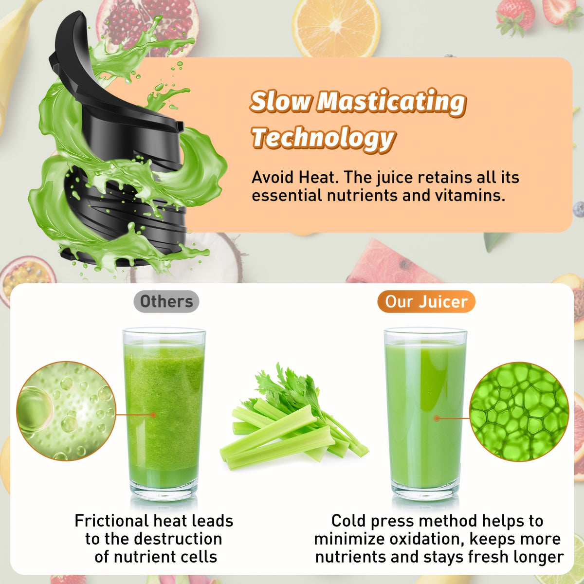 Cold Press Juicer 2-in-1 Masticating Slow Juicer 45oz Large Capacity, 350W with Extra-Large Feed Chute, 50 RPM Nutrient-Preserving Technology – Easy Clean Juicer for Vegetables & Fruits, Black & Pink