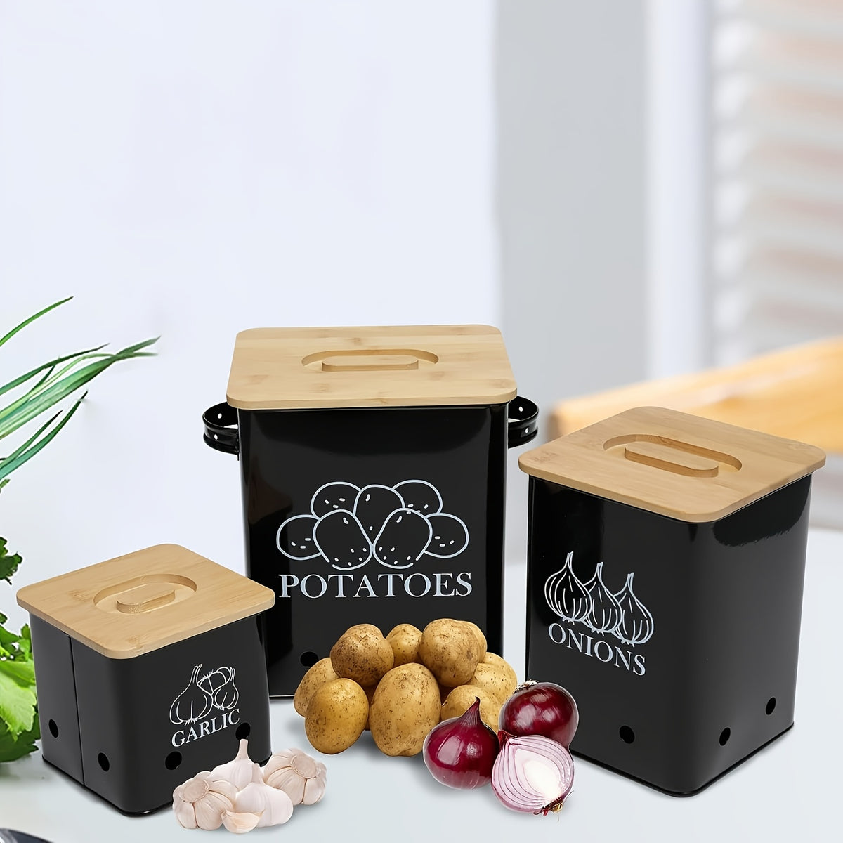 Kitchen Canister Set 3-Pack - Potato Onion Garlic Storage Bins with Wooden Lid, Countertop Vegetable Keeper Containers for Kitchen Organization, Black White & Green
