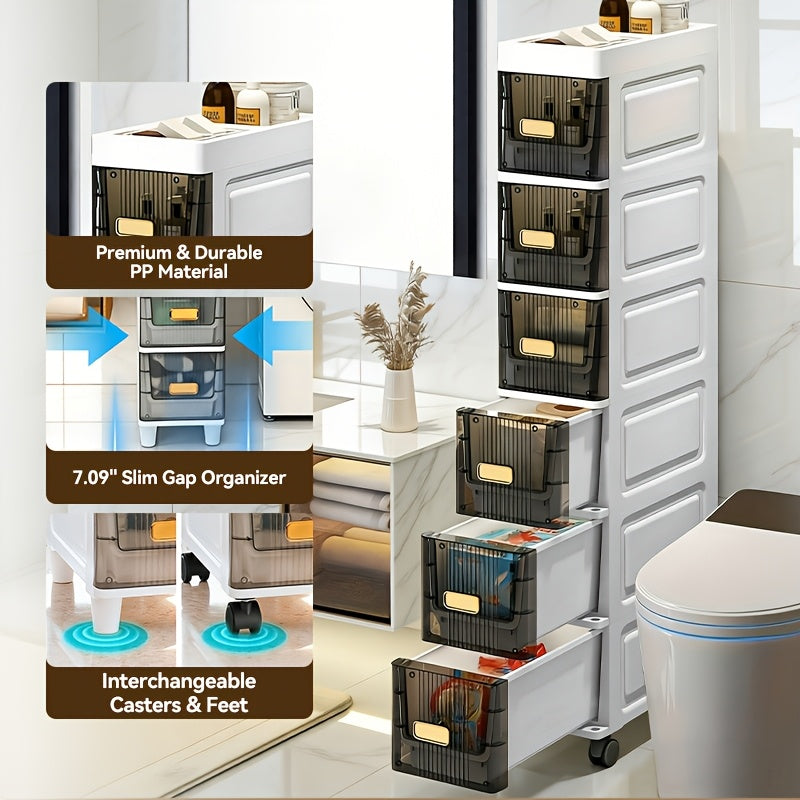 Slim Rolling Storage Cabinet with Drawers – Narrow Gap Organizer for Bathroom, Kitchen & Refrigerator Side Spaces, Multi-Layer Pull-Out Drawer Unit