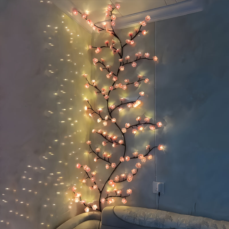 Cherry Blossom LED Chandelier Rattan Light, 96/144 LED USB Powered with 8 Modes – Hanging Flower String Light for Indoor Outdoor Holiday Party, Halloween, Christmas, Valentine’s Day & Seasonal Decor