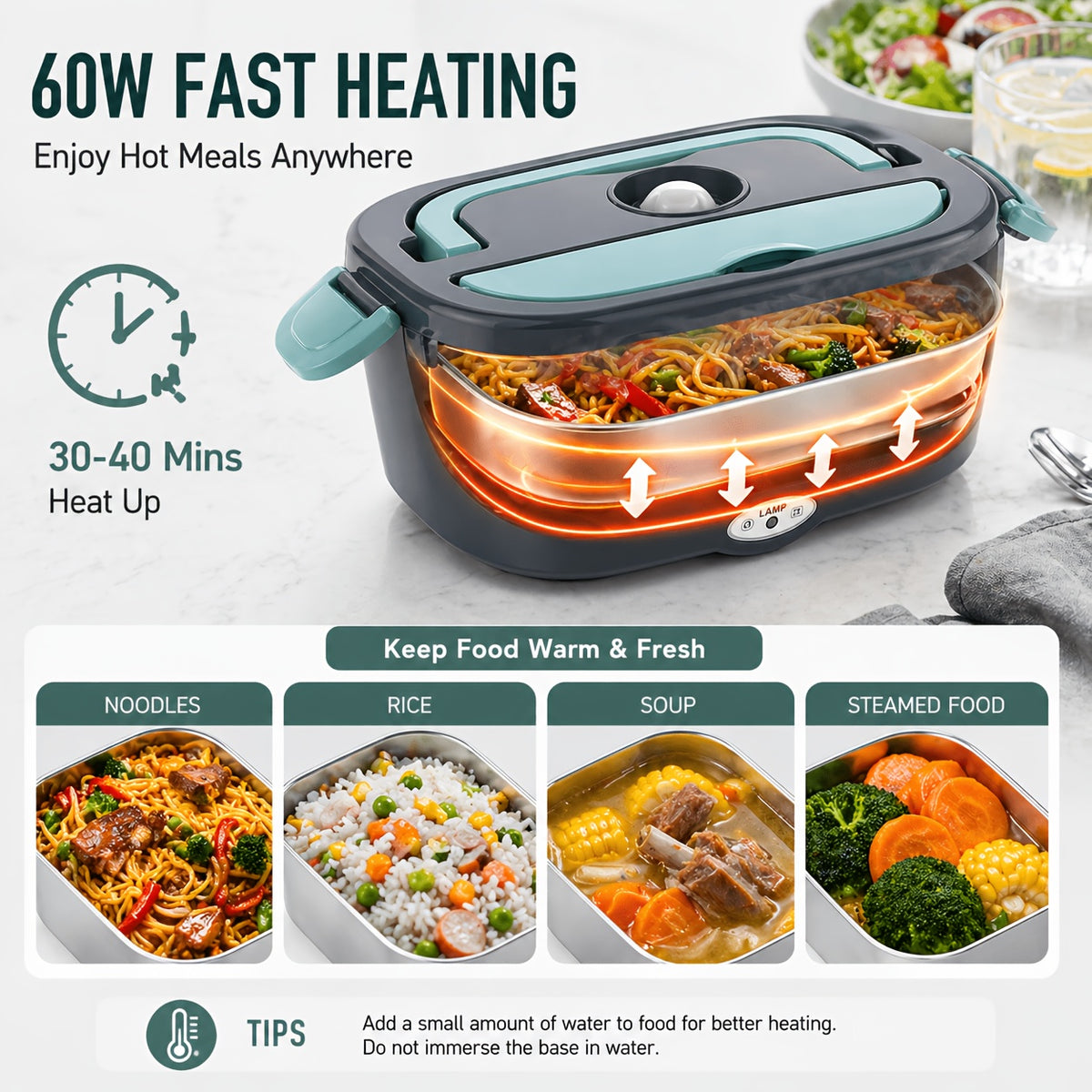 Portable Electric Lunch Box Food Warmer 54oz Dual Voltage - DC12-24V Car and AC120V Home - 316 Stainless Steel with Food Partition and Insulation Bag - 20-Min Quick Heating for Office and Travel