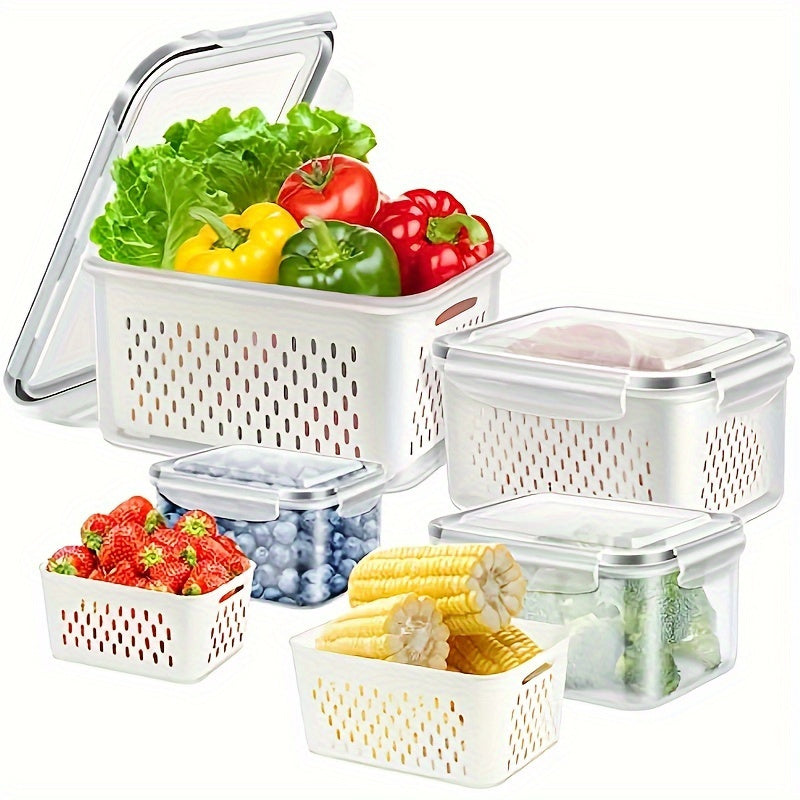 Food Storage Containers Set 6-Piece BPA-Free with Drain Baskets & Lids - Leak-Proof Freezer-Safe Crisper Boxes for Fruits, Vegetables & Meal Prep Leftovers, Reusable Kitchen Organizers