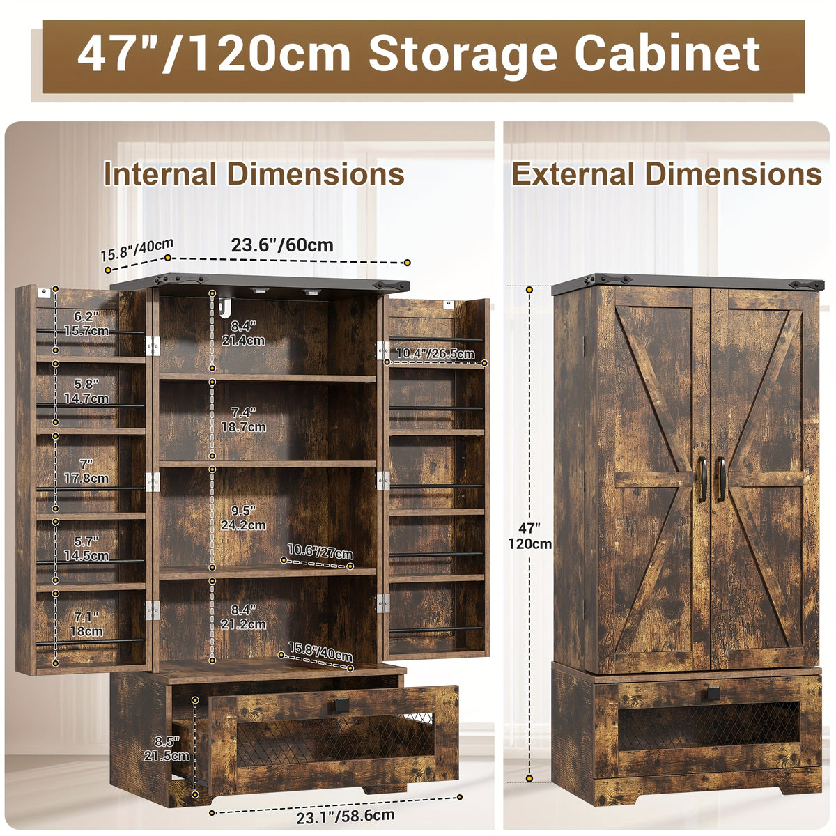 55 Inch Pantry Cabinet Kitchen Storage Cabinet with Adjustable Shelves and Drawer Wooden Buffet Cupboard for Kitchen Living Room Bathroom Dining Room Black White Brown