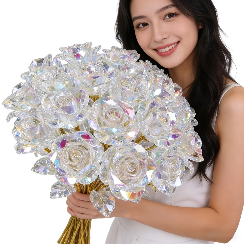 Crystal Rose Bouquet 20pcs Sparkling Eternal Artificial Crystal Flowers, Realistic Faux Rose Set for Weddings, Valentine's Day, Mother's Day, Anniversary, Birthday & Holiday Centerpiece Decoration