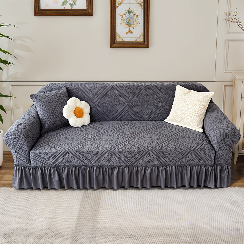 280 GSM Velvet Jacquard Sofa Cover One-Piece Full-Coverage Ruffle Detail Washable High Elastic Slipcover for 1 2 3 4 Seater L-Shape Corner Sofa Armchair Couch Protector Grey