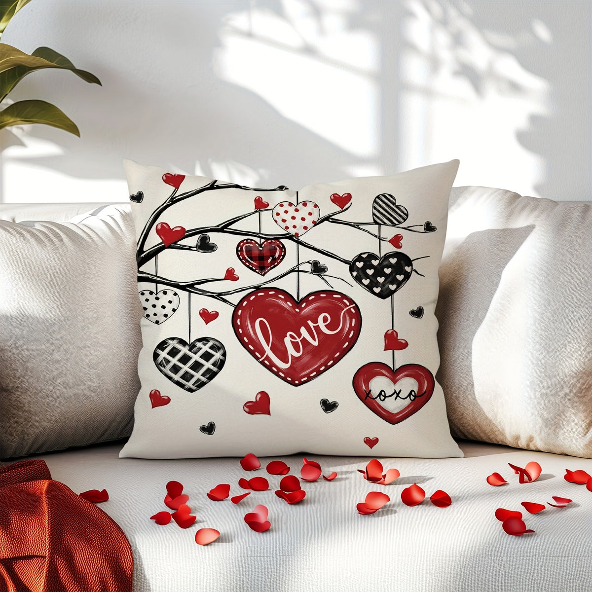 Set of 4 Valentine's Day Throw Pillow Covers – Red & Black Striped Bow | 18x18 inch