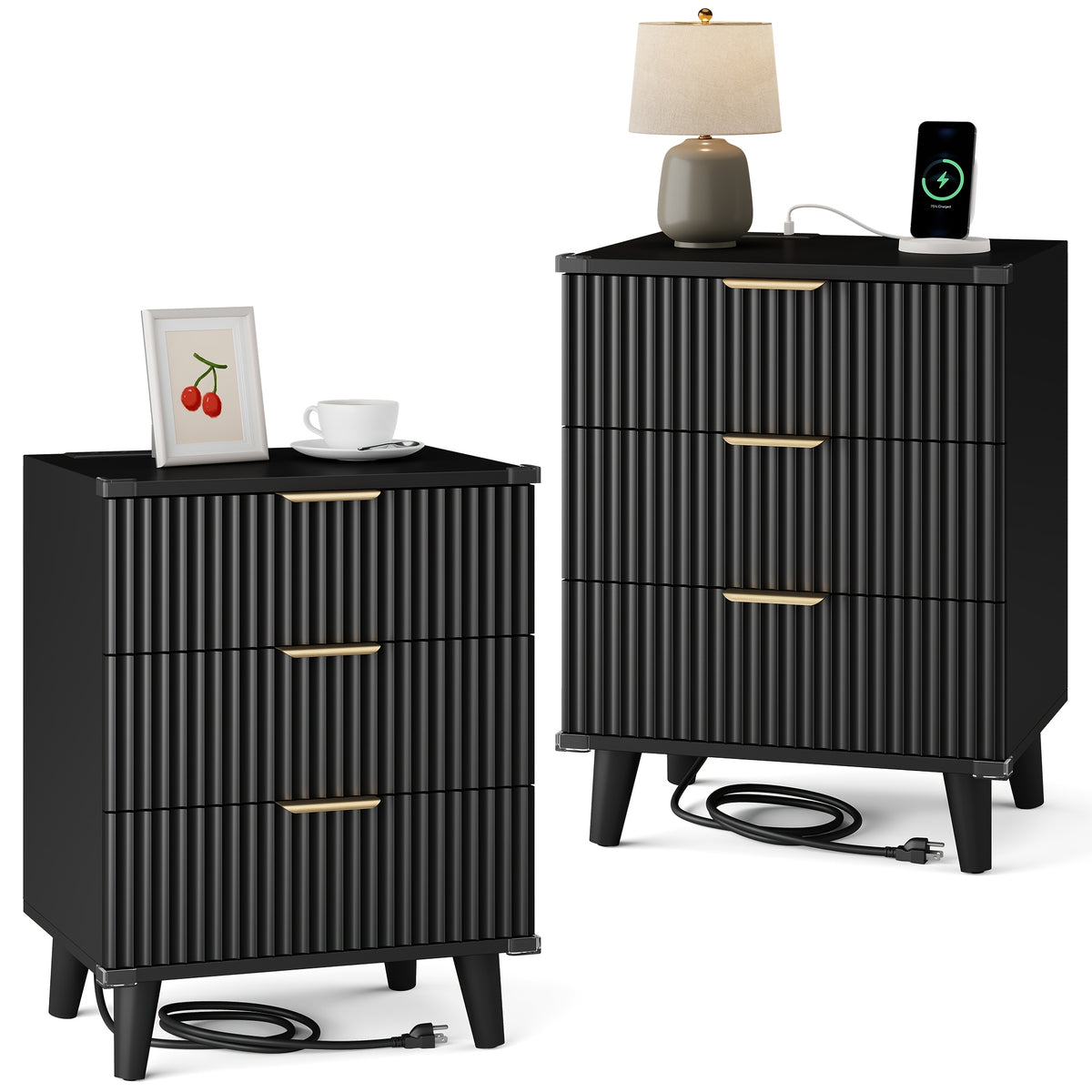 Nightstand with Charging Station – 3-Drawer Bedside Table with 2 USB Ports & 2 AC Outlets, Small Bedroom Side Table | Set of 1 or 2 | Wood, Black, White, Brown