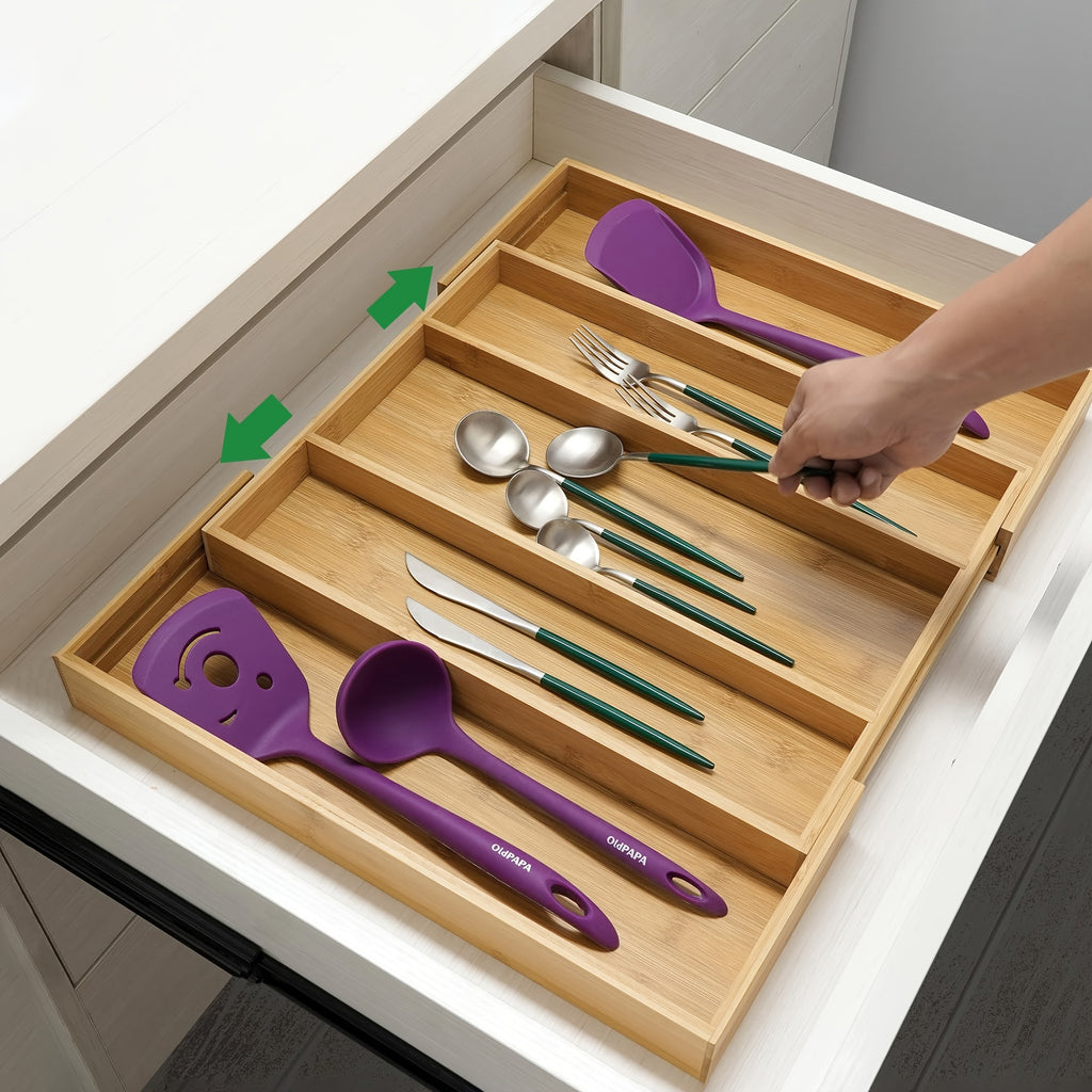 Bamboo Expandable Kitchen Drawer Organizer – 9-Compartment Adjustable Utensil Tray for Silverware, Forks, Spoons & Knives