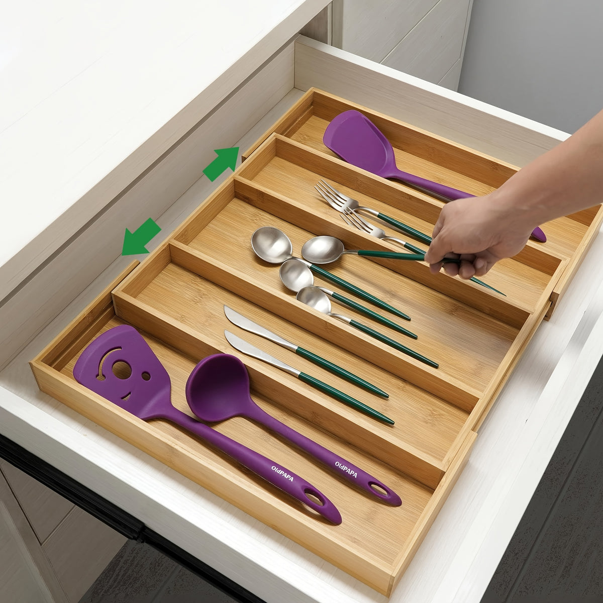Bamboo Expandable Kitchen Drawer Organizer – 9-Compartment Adjustable Utensil Tray for Silverware, Forks, Spoons & Knives