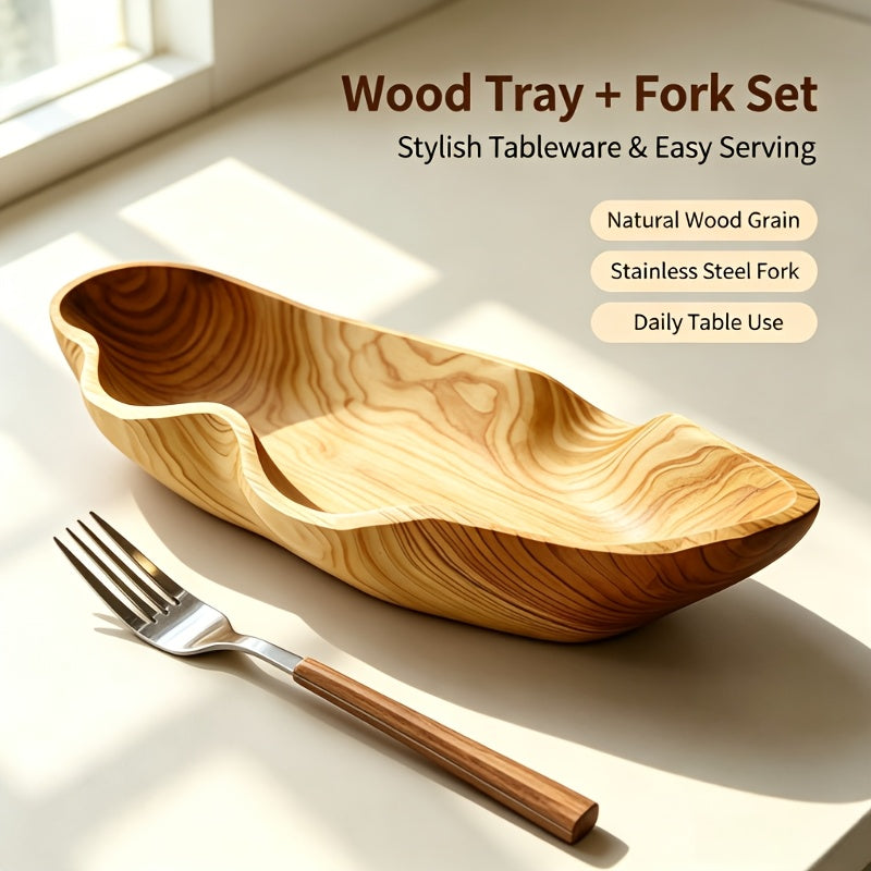 Solid Wood Decorative Tray with Fork Set – Fruit, Snack & Key Organizer for Coffee Table, Kitchen Counter & Home Decor | Rustic Wooden Storage Tray