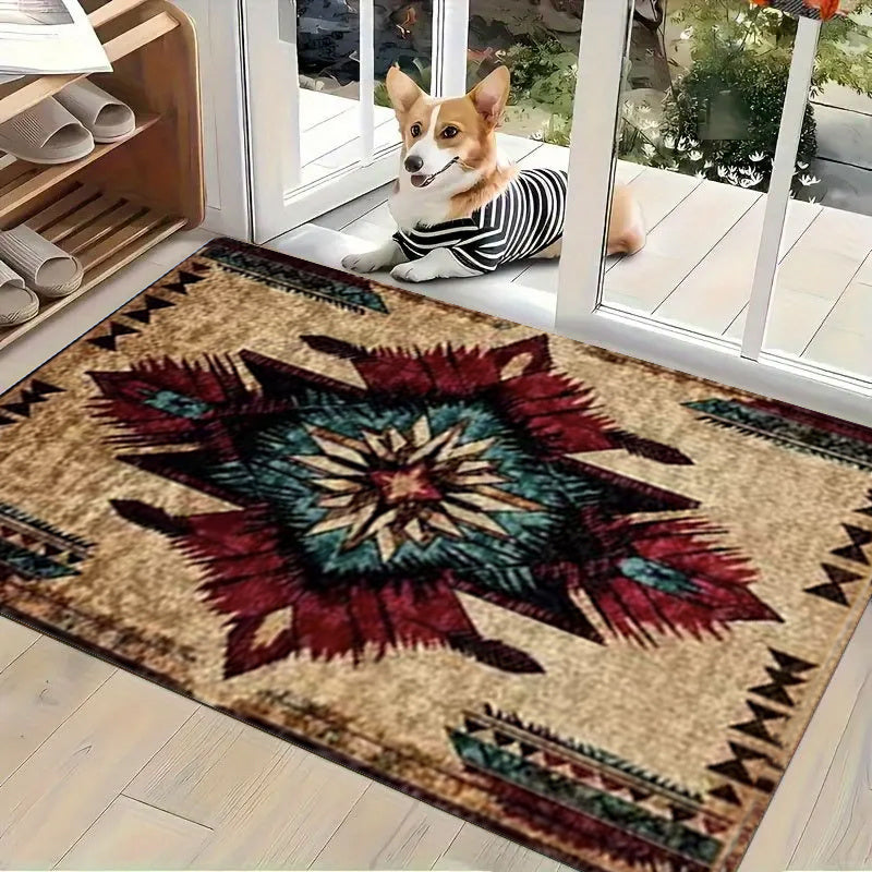 Southwestern Geometric Mat Non-Slip Indoor Floor Rug - Tribal Boho Area Mat for Bedroom Living Room Entryway Hallway, 3 Sizes Easy Clean Holiday Home Decor Accent Rug
