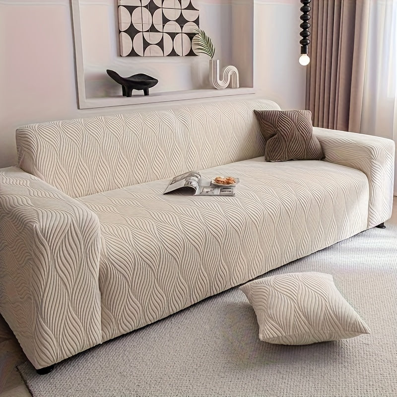 Jacquard Elastic Sofa Cover – Modern Artistic Slip-Resistant Couch Slipcover | All-Season Polar Fleece Furniture Protector for Living Room, Office & Bedroom | Includes Free Pillow Cover | 1-4 Seater