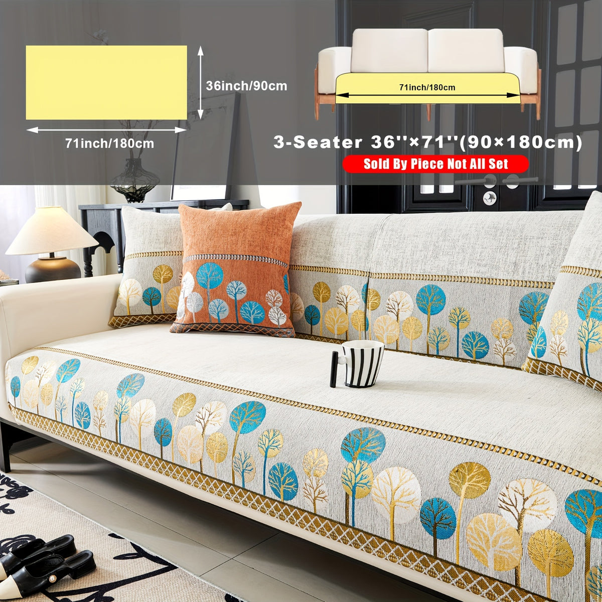 Bohemian Chenille Sofa Cover Tree Embroidery Print Thick Non-Slip Pet Friendly One-Piece Couch Protector Armchair Loveseat 3 4 Seater