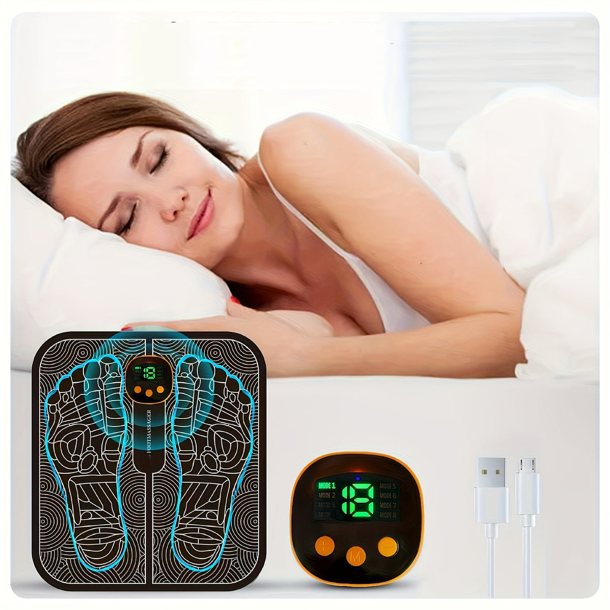 EMS Foot Massager with LCD Display, 8 Modes & 19 Intensities, Rechargeable Electric Foot Massage Pad for Muscle Relaxation, Pain Relief & Circulation — Best Gift for Elderly, Men & Women