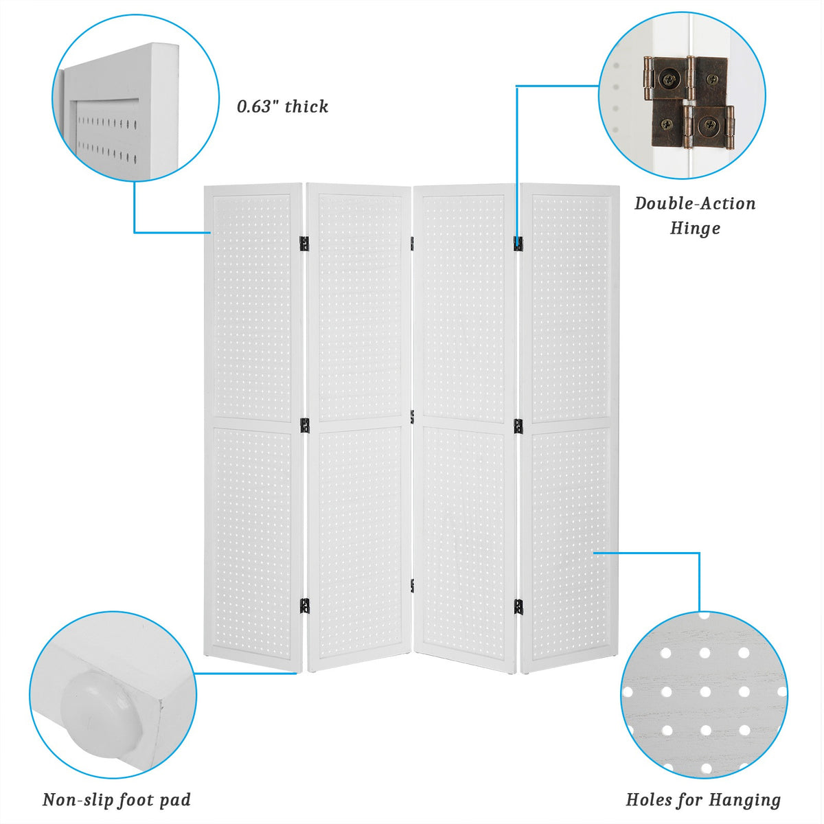 5 FT Freestanding Pegboard Room Divider | Wood Folding Privacy Screen & Display Board Organizer with Support Feet – White, Black, Natural, Grey | Craft Shows, Retail & Home