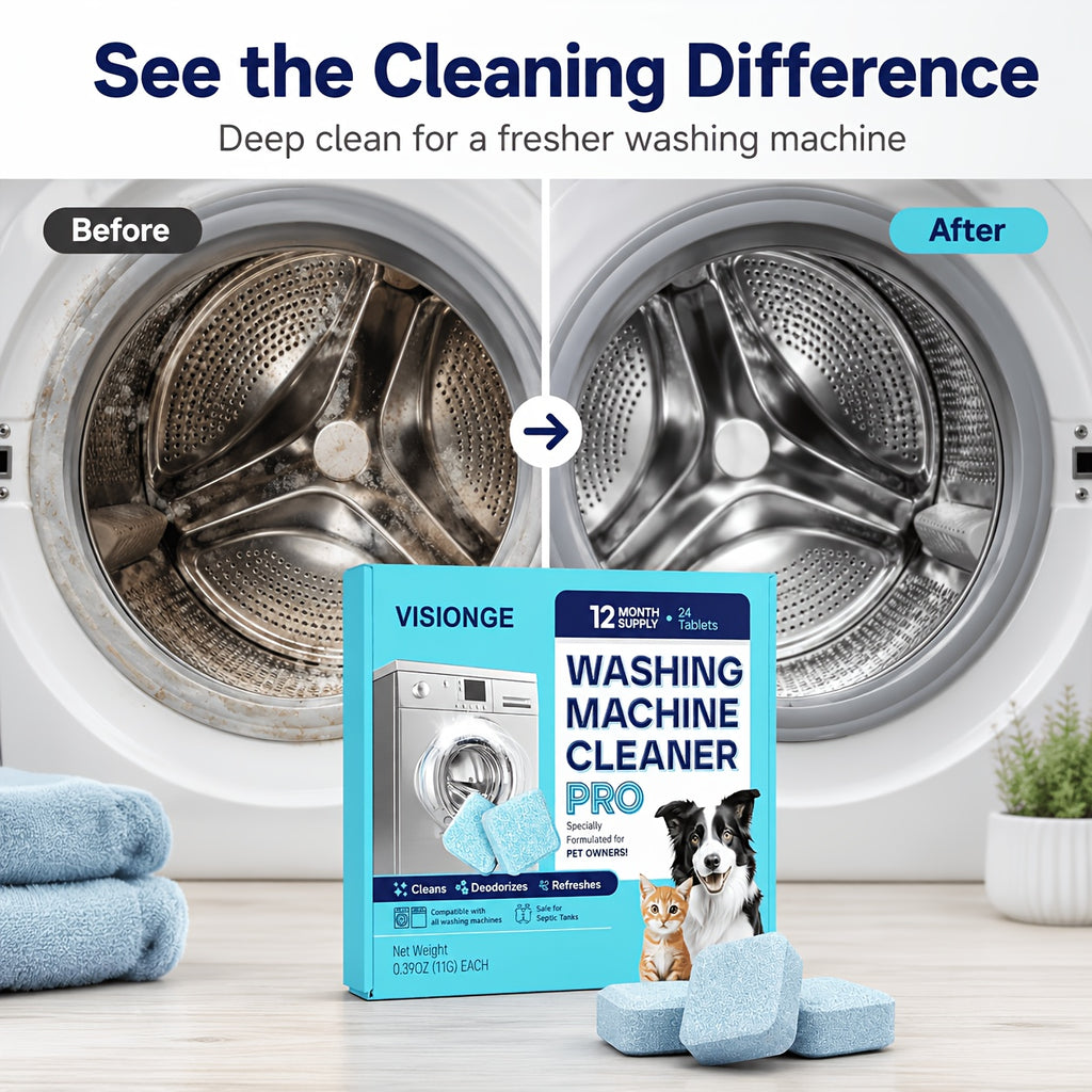 Washing Machine Cleaner Tablets 24-Pack – 12-Month Supply, Deep Clean & Deodorize for Pet Owners, Front & Top Load Safe