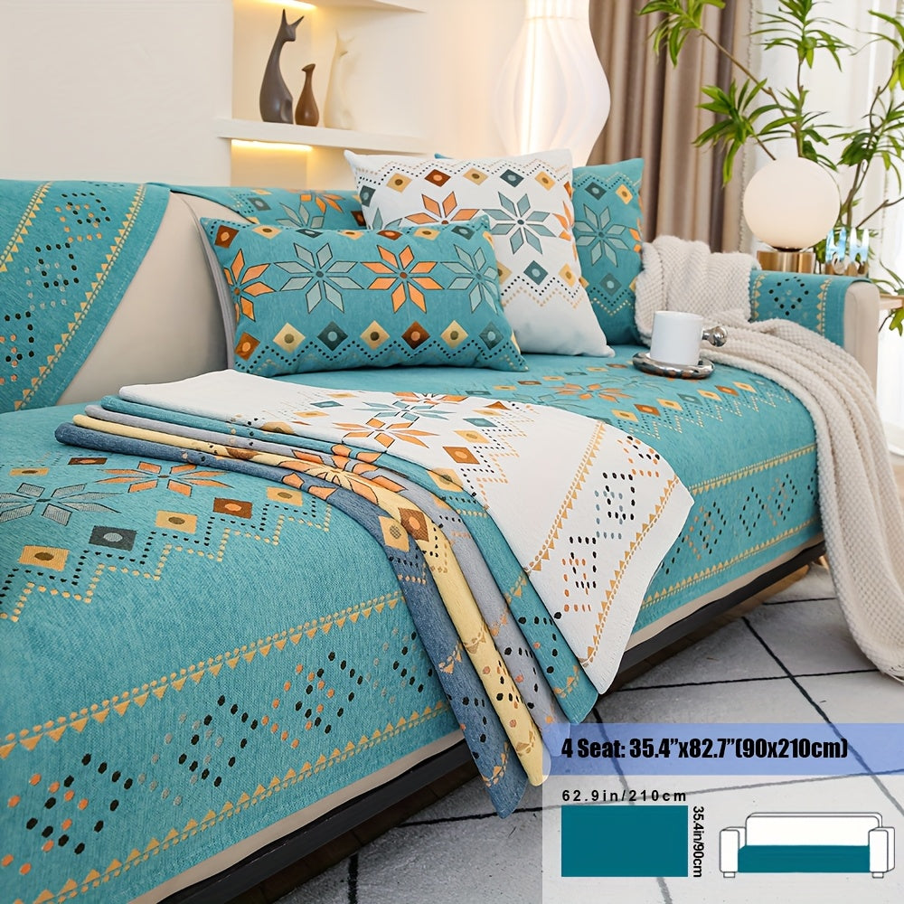 Embroidered Chenille Sofa Slipcover Bohemian Geometric Floral Pattern | Non-Slip Machine Washable Couch Cover for 1-2-3-4 Seater with Armrest & Pillow Cover Options, 6 Colors