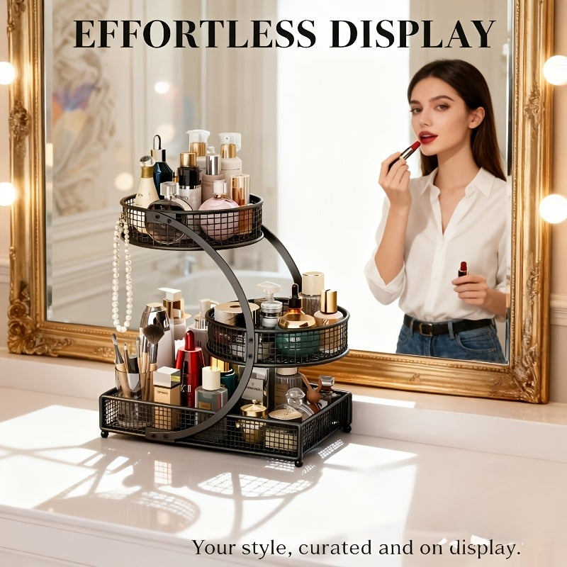 Lacquered Metal Cosmetic Storage Organizer, 1, 2 & 3-Tier Rust-Proof Welded Basket, Space-Saving Vanity Organizer for Lipstick, Perfume & Skincare — Black & White, Ideal Beauty Gift