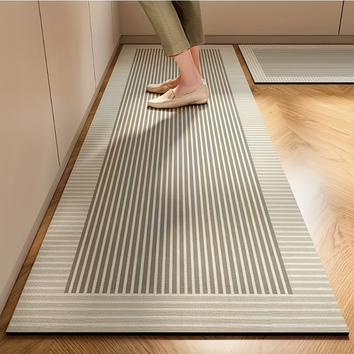 Nordic Style Kitchen Mat Thickened Absorbent Non-Slip Rubber Backing Floral Beige Brown 2 Sizes – Durable High Traffic Floor Mat