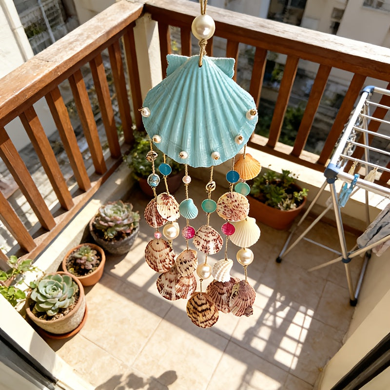 Seashell Wind Chime Coastal Beach Scallop Shell Pearl and Glass Beads Ocean Themed Zen Garden Decoration for Indoor Outdoor Porch Patio Boho Decor