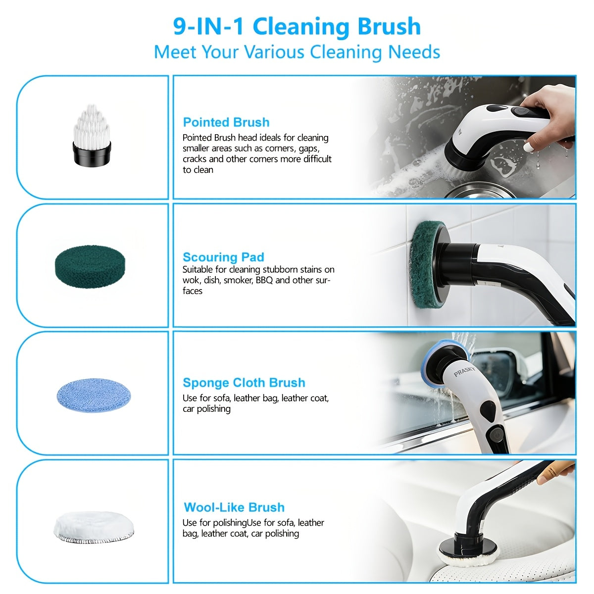 PRASKY Electric Spin Scrubber IPX8 Waterproof with LED Display – 9 Brush Heads, Adjustable 10–54" Handle, 2 Speeds, 90-Min Cordless Power Scrubber for Bathroom, Shower, Tile & Floor