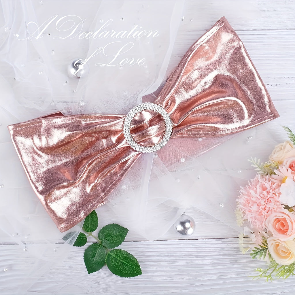 Spandex Chair Sash Bows 100-Pack Metallic Gold Silver Rose Gold Wedding Chair Belts Decorative Bow Ties for Banquet Event Party Chairs – Elastic Chair Bands for Wedding Reception Decoration